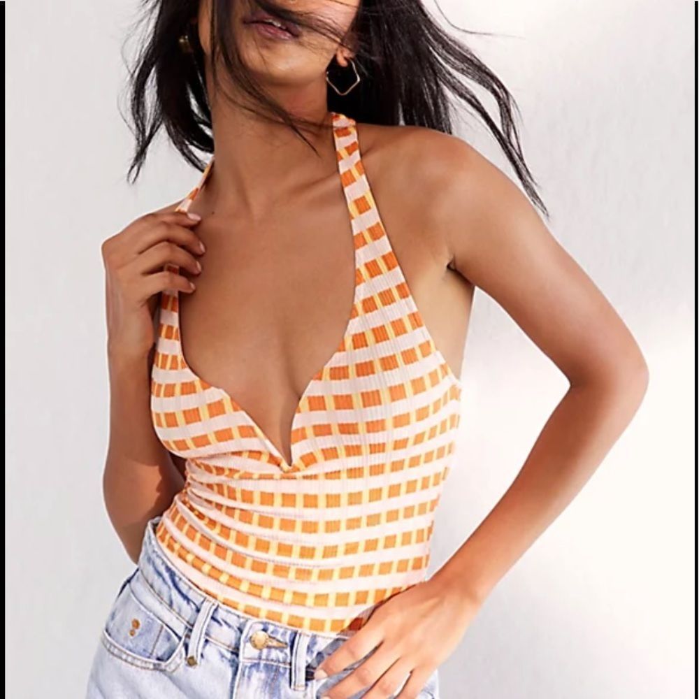 Free People Lola Halter Bodysuit in Lemon Combo